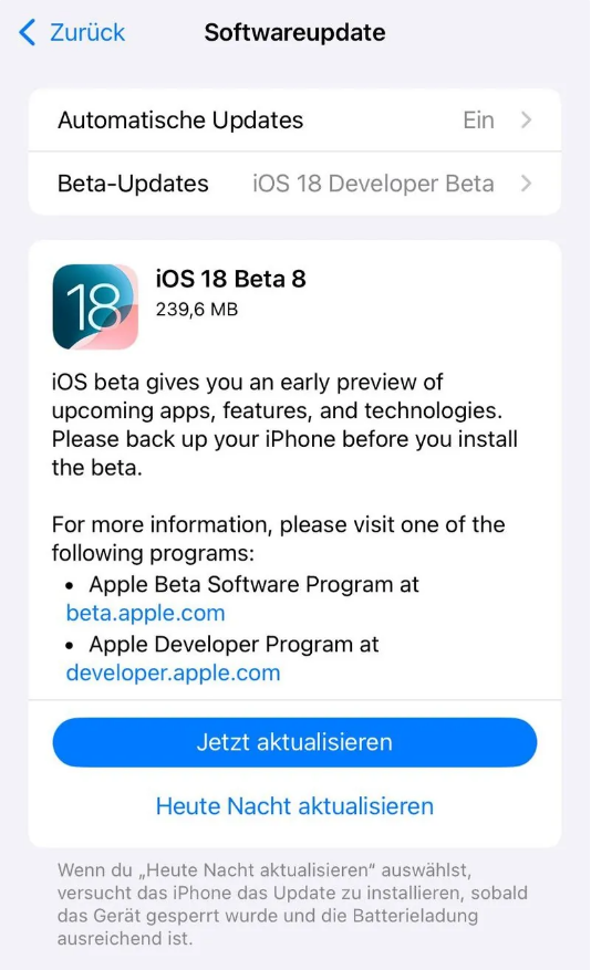 伊州苹果手机维修分享苹果 iOS / iPadOS 18 开发者预览版 Beta 8 发布 